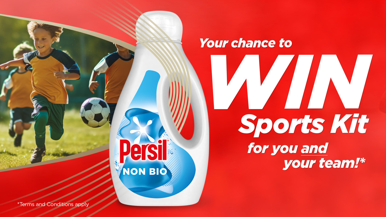 bottle of persil non bio on a red background and child playing football. Text reads "your chance to win sports kit for you and your team!"