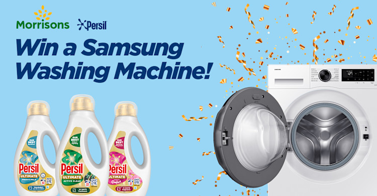 3 Persil Ultimate detergent bottles next to a washing machine on a light blue background with the text "Morrisons and Persil: Win a Samsung Washing Machine!"