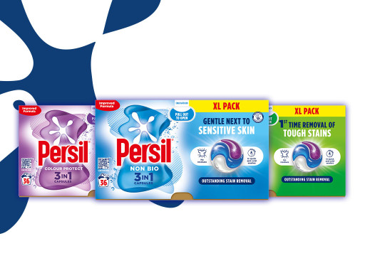 Three Persil capsules boxes against persil logo splat